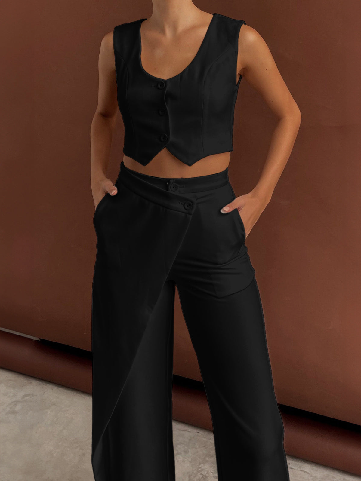 Solid Asymmetrical Straight Leg Pants Set