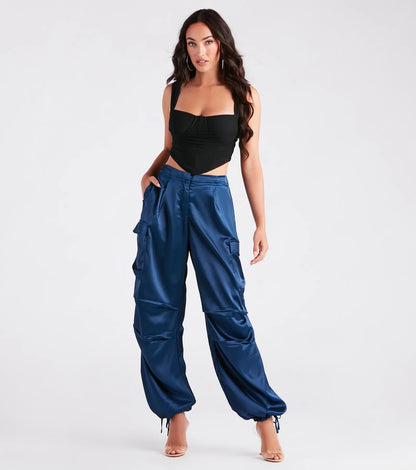 Pulling Strings Satin High-Rise Cargo Pants