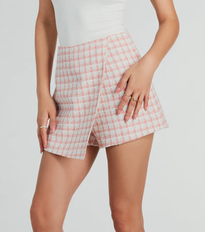 Preppy Beauty Tweed Faux Pearl Button Plaid Skort