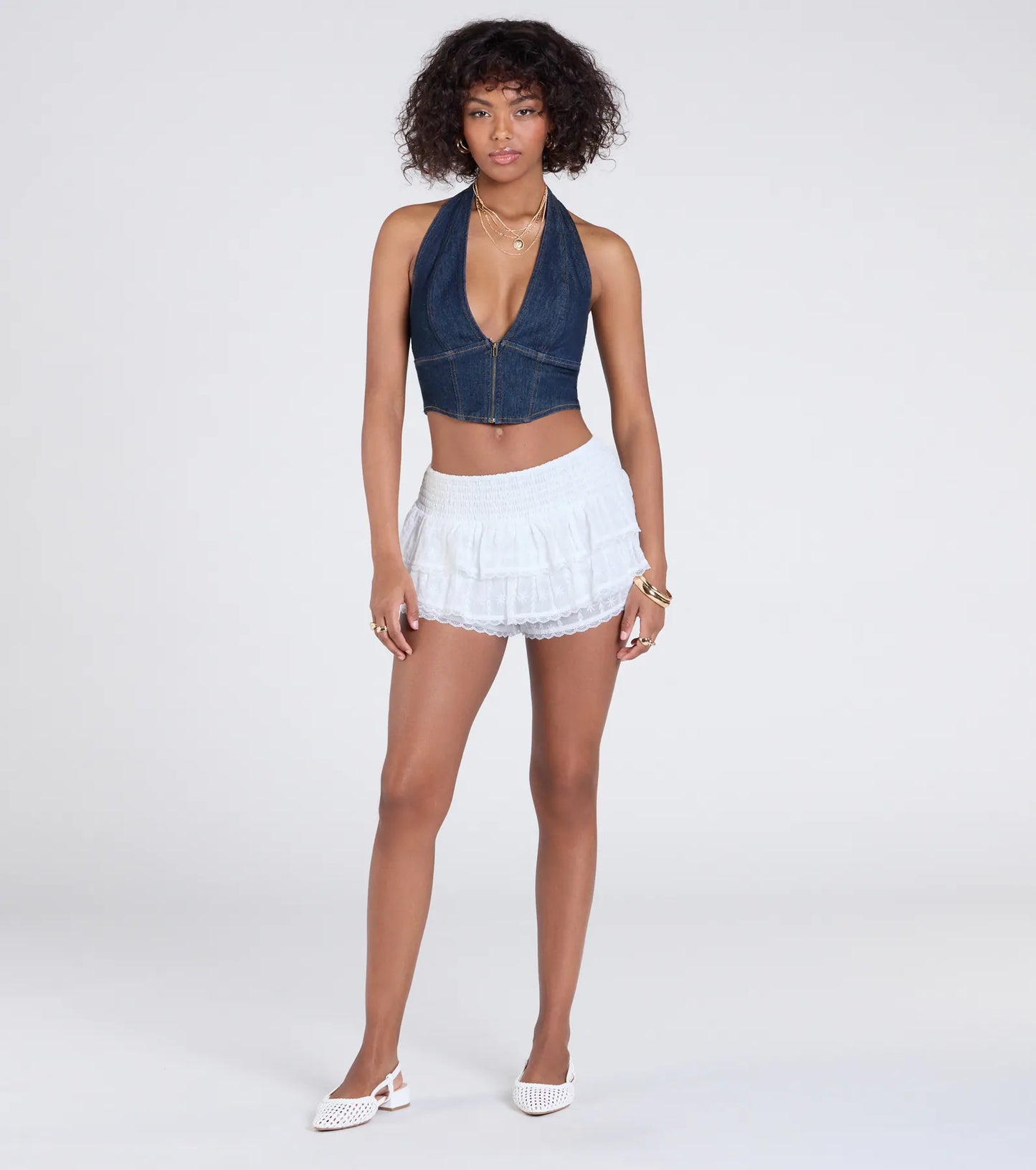 In For The Frills Mid-Rise Eyelet Ruffle Shorts