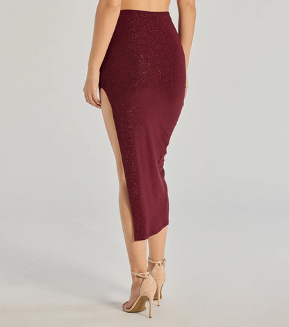 Glitzy Affair High-Slit Glitter Midi Skirt