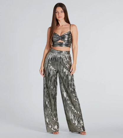 Dare To Impress Metallic Plisse Wide-Leg Pants