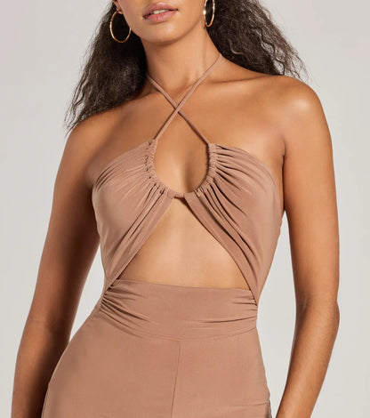 Enticing Sass Halter Cutout Wide-Leg Jumpsuit