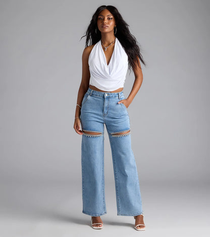 So Obsessed Rhinestone Cutout Straight Leg Denim Jeans