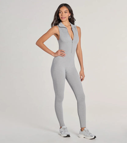 Off Duty Chic Sleeveless Collared Zip-Up Catsuit