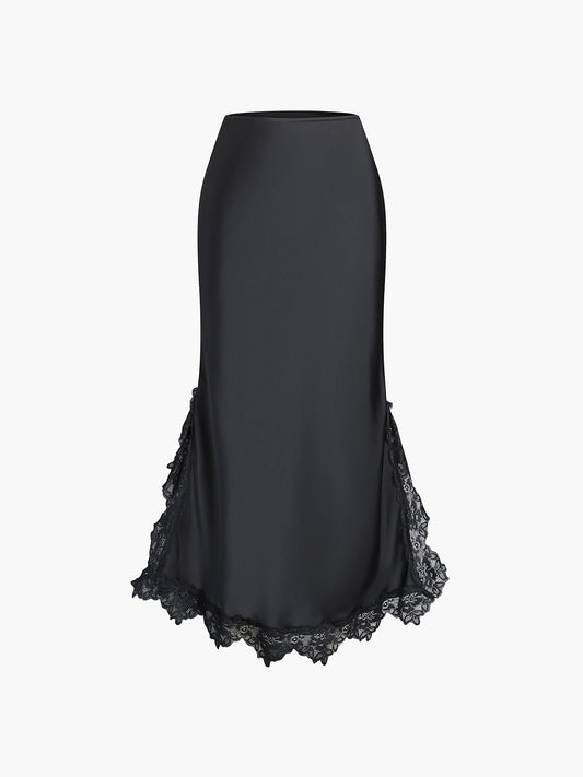 Lace Hem Satin Zippered Maxi Skirt