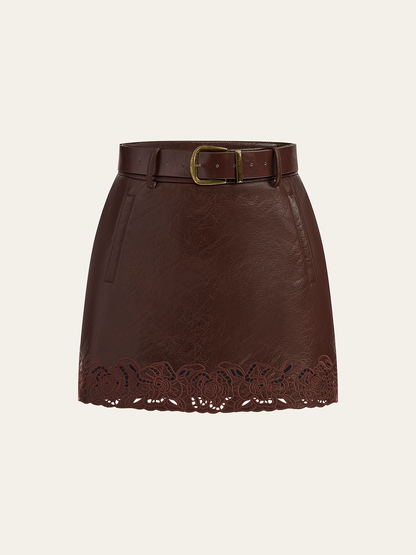 Jacquard Trim PU Leather Mini Skirt with Belt