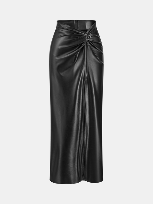 Knot Detail PU Leather Midi Skirt