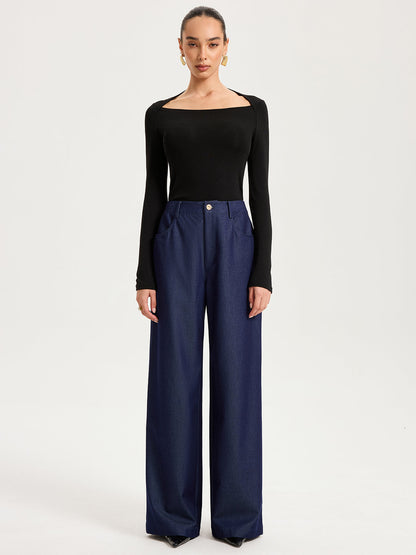 High-Waisted Wide-Leg Faux Denim Pants
