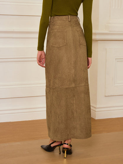 Suede Effect Slit-Front Maxi Skirt