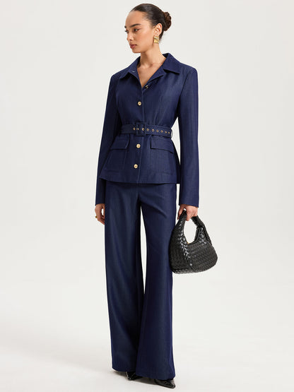 High-Waisted Wide-Leg Faux Denim Pants