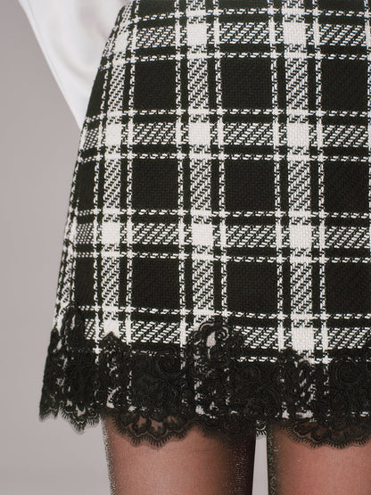 Lace Trim Plaid Tweed Mini Skirt