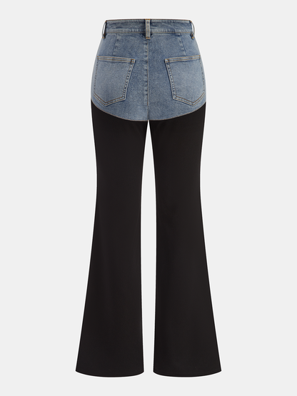 Mid-Waist Denim Panel Flared Pants