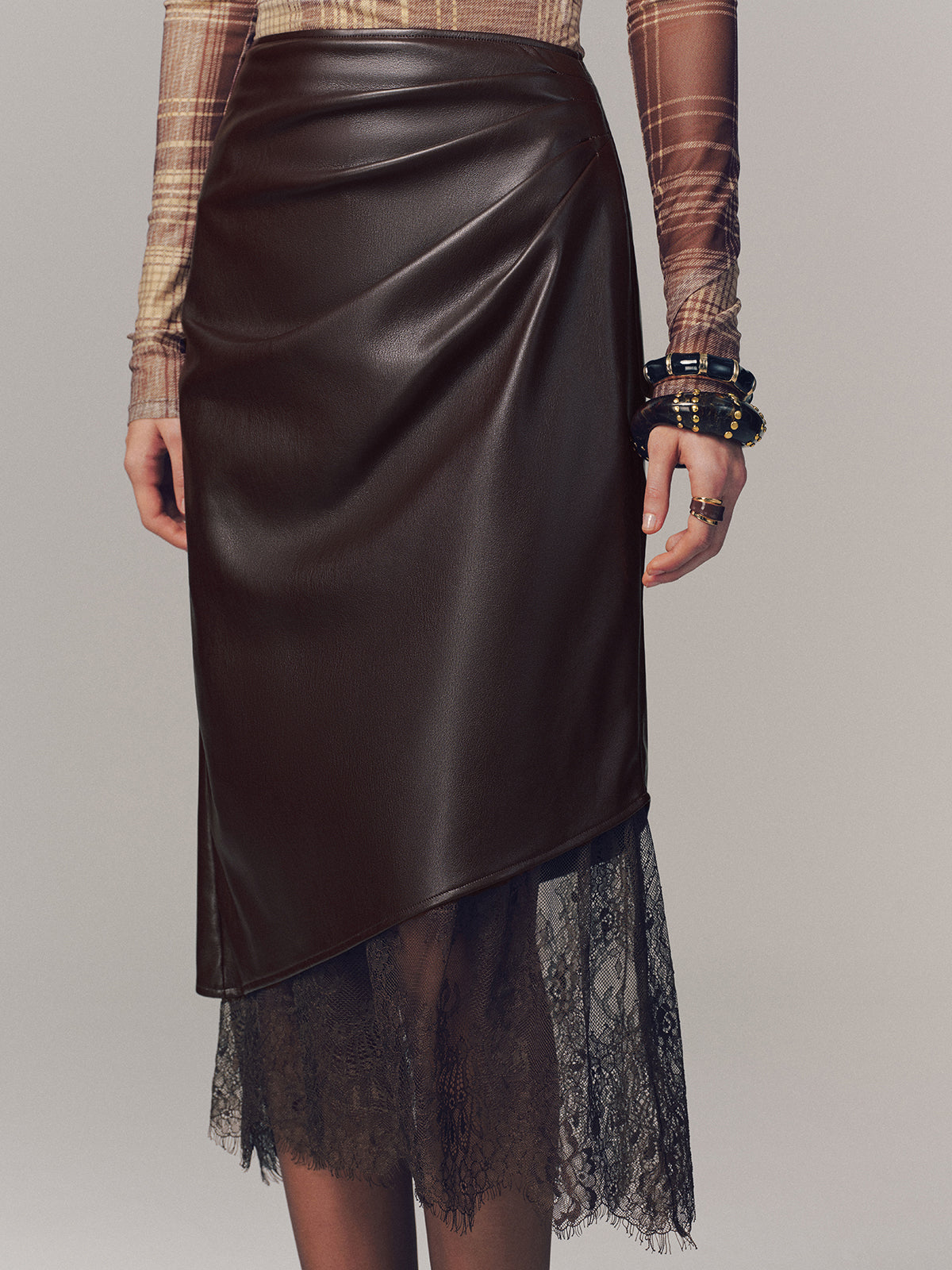 Lace Hem Faux Leather Ruched Midi Skirt