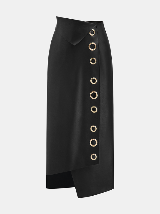 Faux Leather Ring Accent Asymmetric Skirt