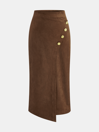 Metal Detail Suede Effect Asymmetric Maxi Skirt