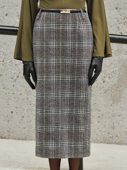Belted Tweed Plaid Midi Skirt