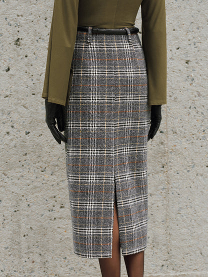 Belted Tweed Plaid Midi Skirt