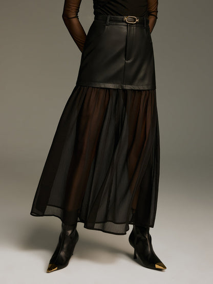 Belted Mesh Hem Faux Leather Maxi Skirt