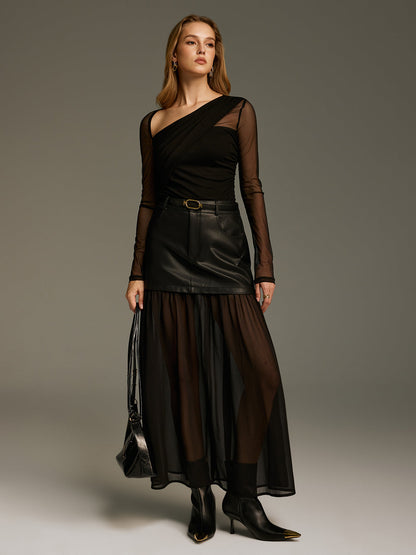 Belted Mesh Hem Faux Leather Maxi Skirt