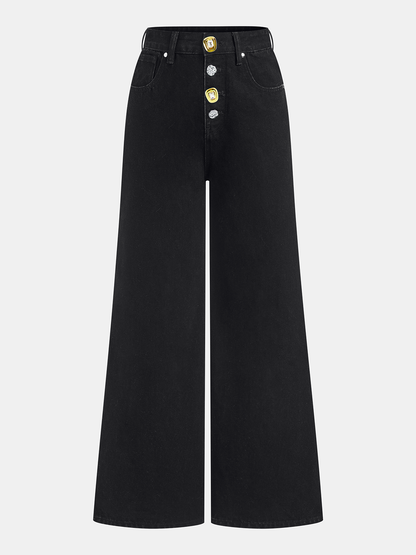 Metal Button-Detail Wide-Leg Jeans