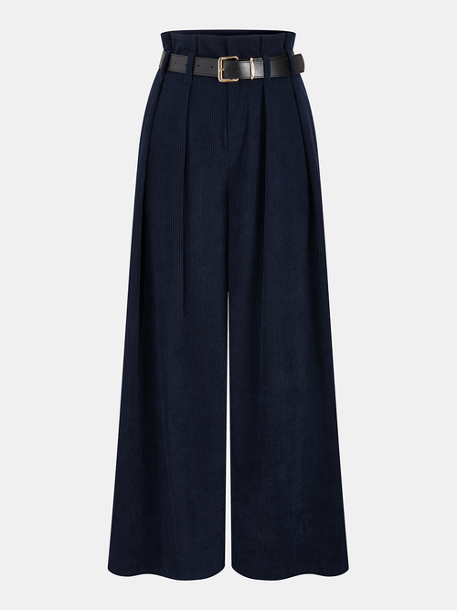 Belted Corduroy Wide-Leg Pleated Pants
