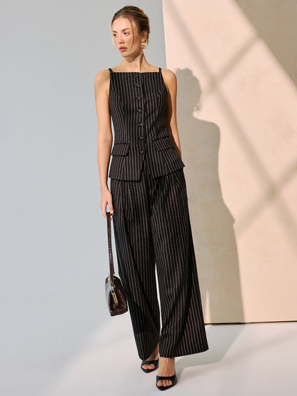 Pinstripe Cami Vest & Wide-Leg Pants Set