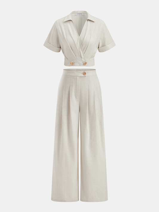 Cotton Linen Crop Top & Pleated Pants Set