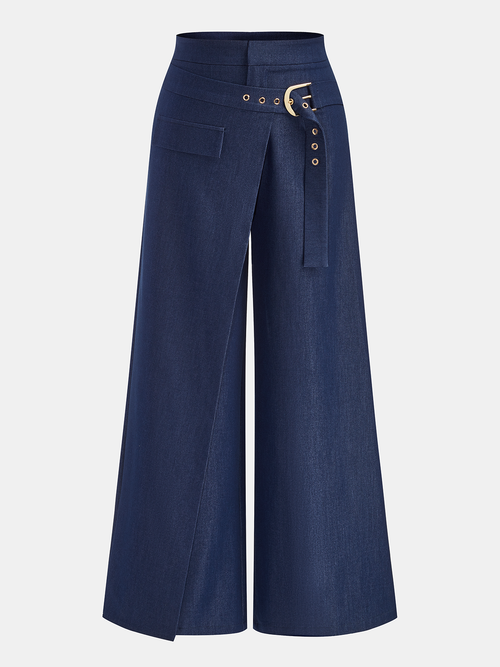 Buckle-Waist Overlap Wide Leg Pants