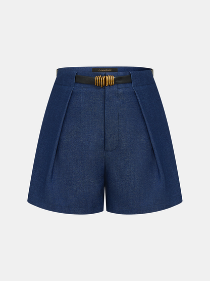 Faux Denim Belted Pleated Shorts