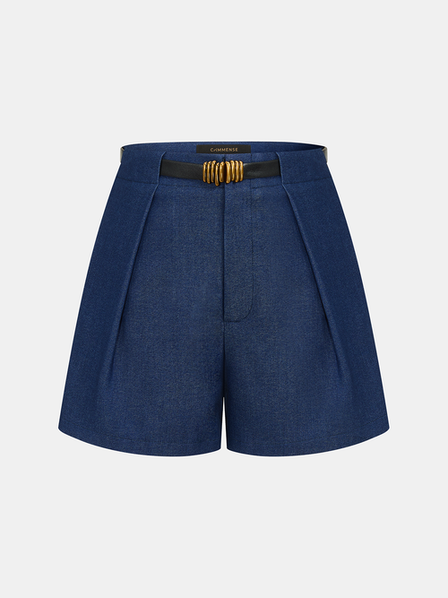 Faux Denim Belted Pleated Shorts
