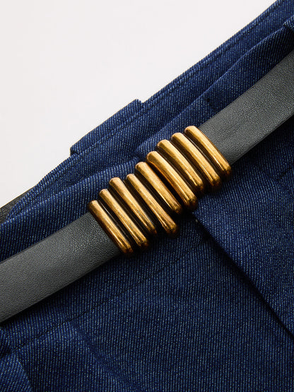 Faux Denim Belted Pleated Shorts