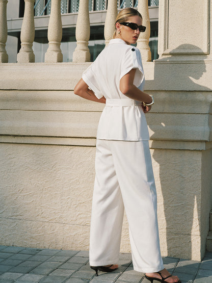 Short Sleeve Belted Blazer & Wide Leg Pants Set
