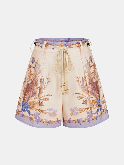 Floral Bird Print Belted Casual Shorts