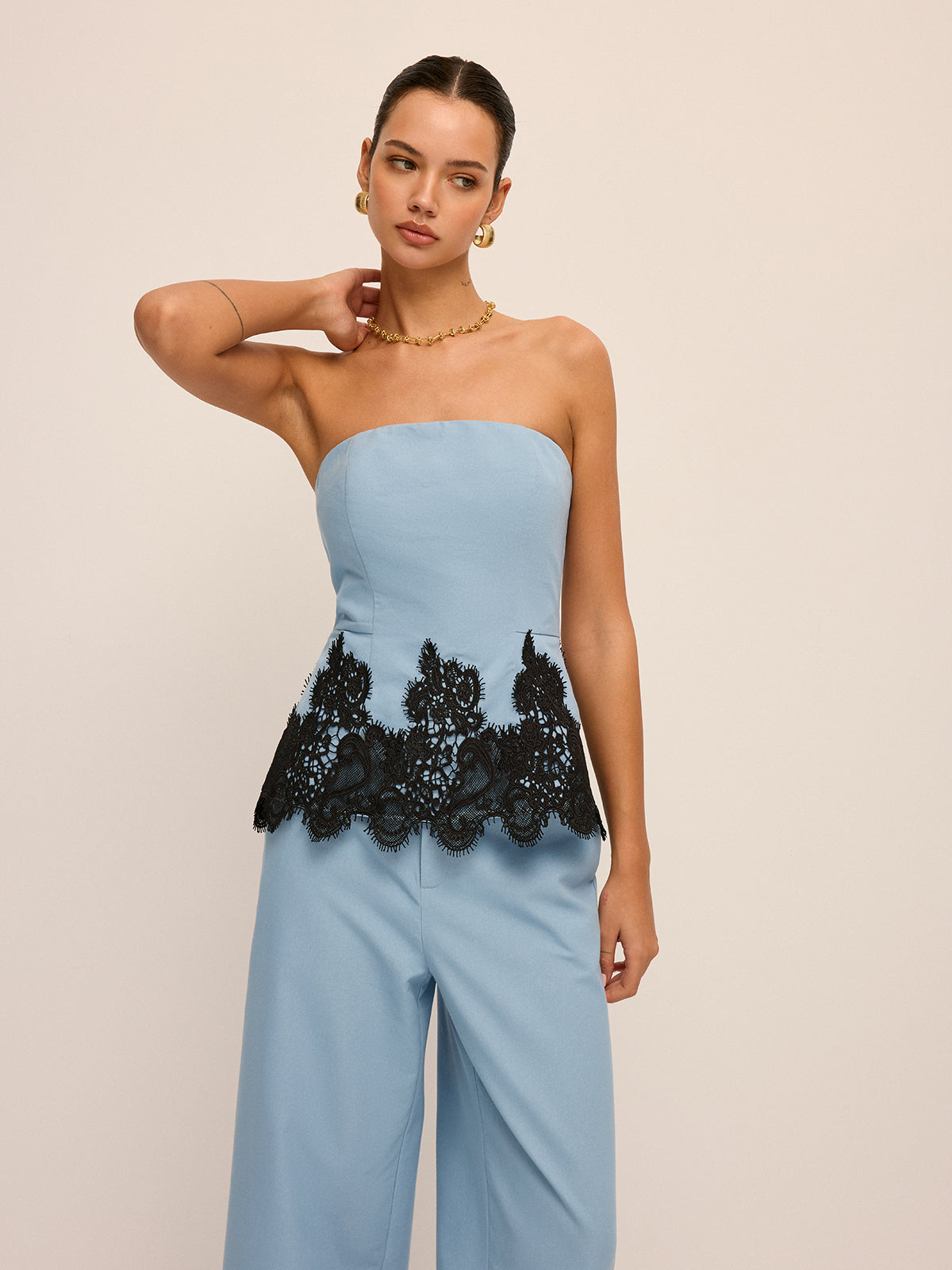 Lace Hem Strapless Top & Pants Set