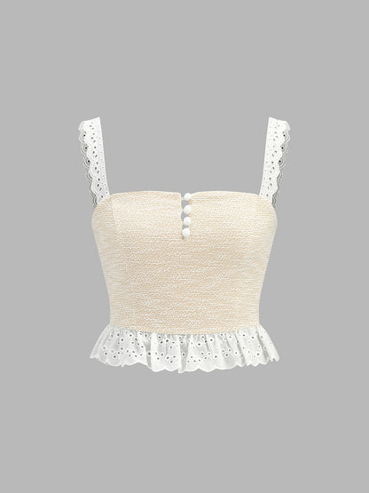 Lace Trim Textured Cami Top & Drawstring Pants Set