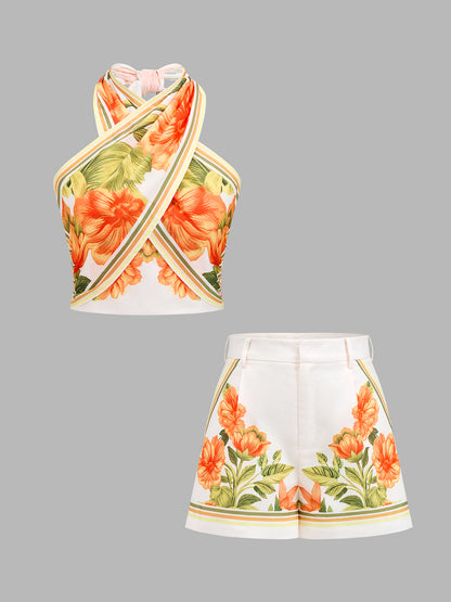 Floral Print Halter Top & Shorts Set