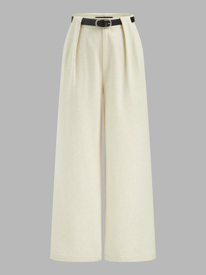 Belted Pleated Linen Blend Wide Leg Pants