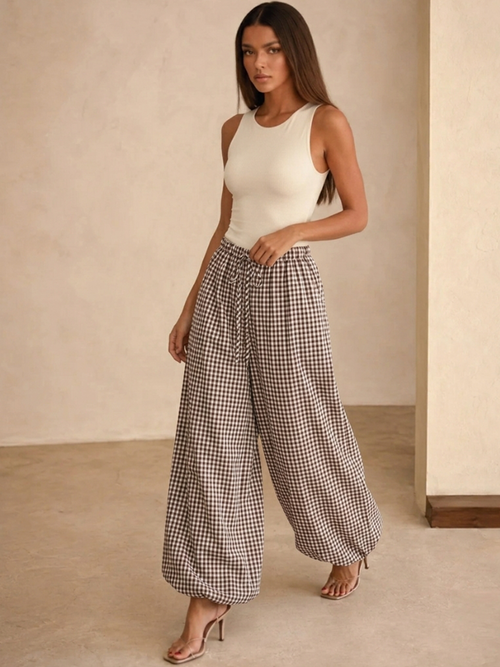 Drawstring Plaid Loose Balloon Pants