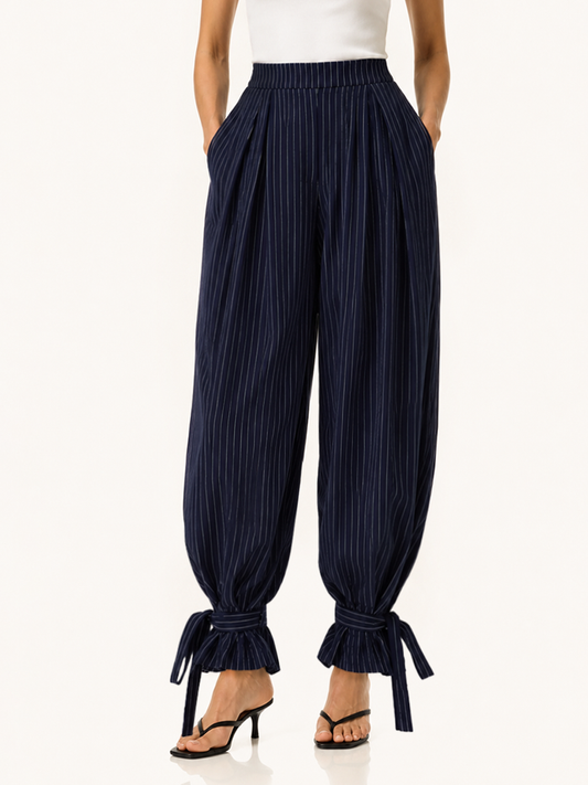 Mid Waist Tie Cuff Striped Pants